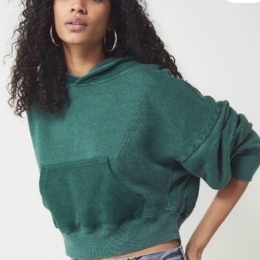 Free People Joey Green Hooded Cropped Sweatshirt